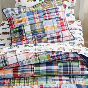 Pottery Barn Kids Madras Plaid TWIN Patchwork Reversible Quilt & Two Shams